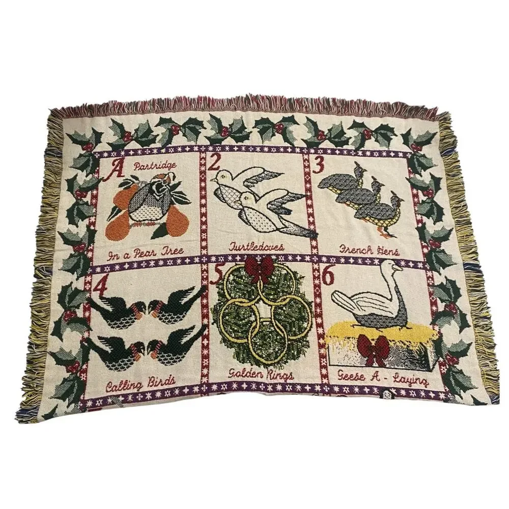 Vintage 12 Days of Christmas Woven Tapestry Throw Blanket Fringe 49x71 Large